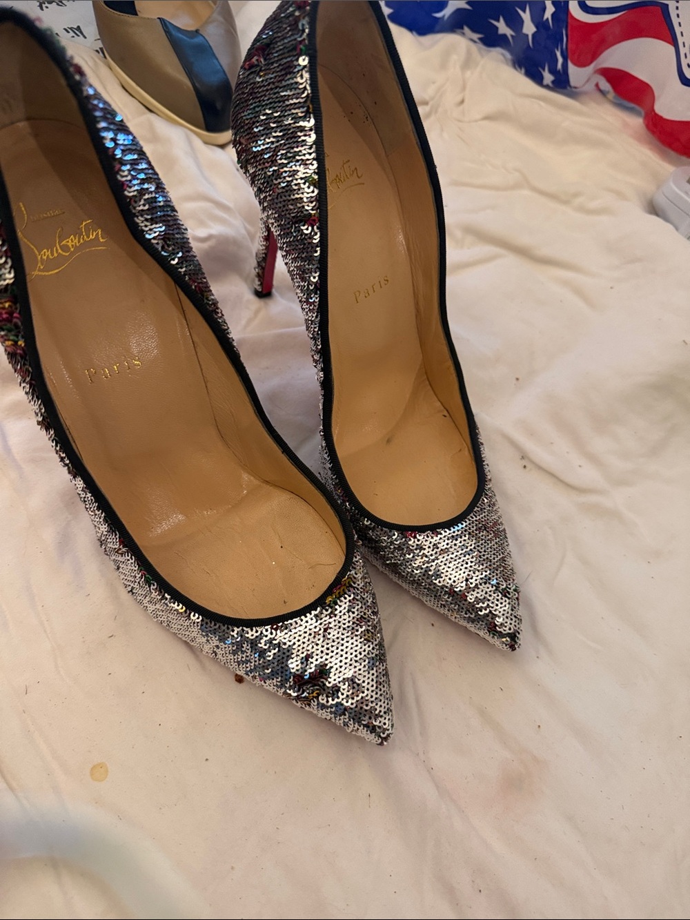 Christian Louboutin Silver Sequin Pointed-Toe High Heels